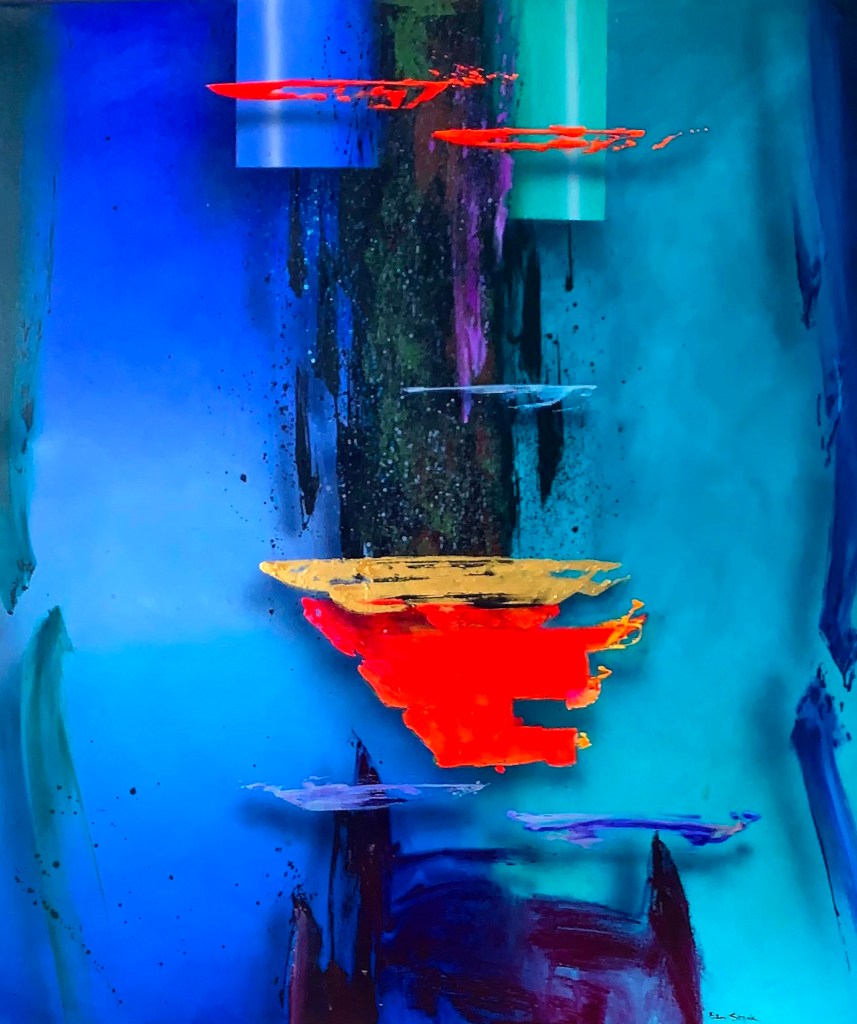 Black abstract shapes on a blue and turquoise background with accents of red and gold.