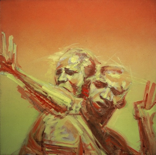 African warriors fighting and emerging from an orange and yellow background.